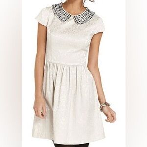 Kensie‎ Peter Pan Beaded Collar Dress Laced Pattern Cream Size Small